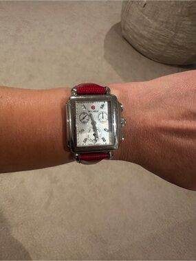 MICHELE Deco Chronograph Watch | Diamond Markers | Red Leather Strap